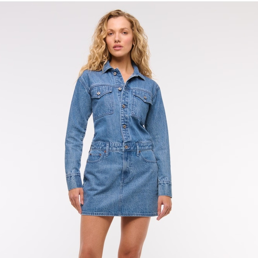 Abercrombie & Fitch Womens Long Sleeve Denim Shirt Dress Blue Mini Size Small